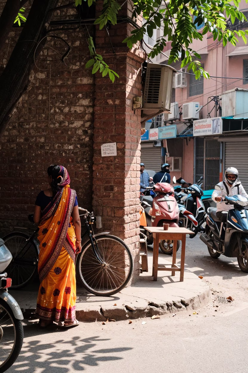 Bright Midmorning Delhi Street Scene with Leaf Shadows and Local Details in in Delhi, India