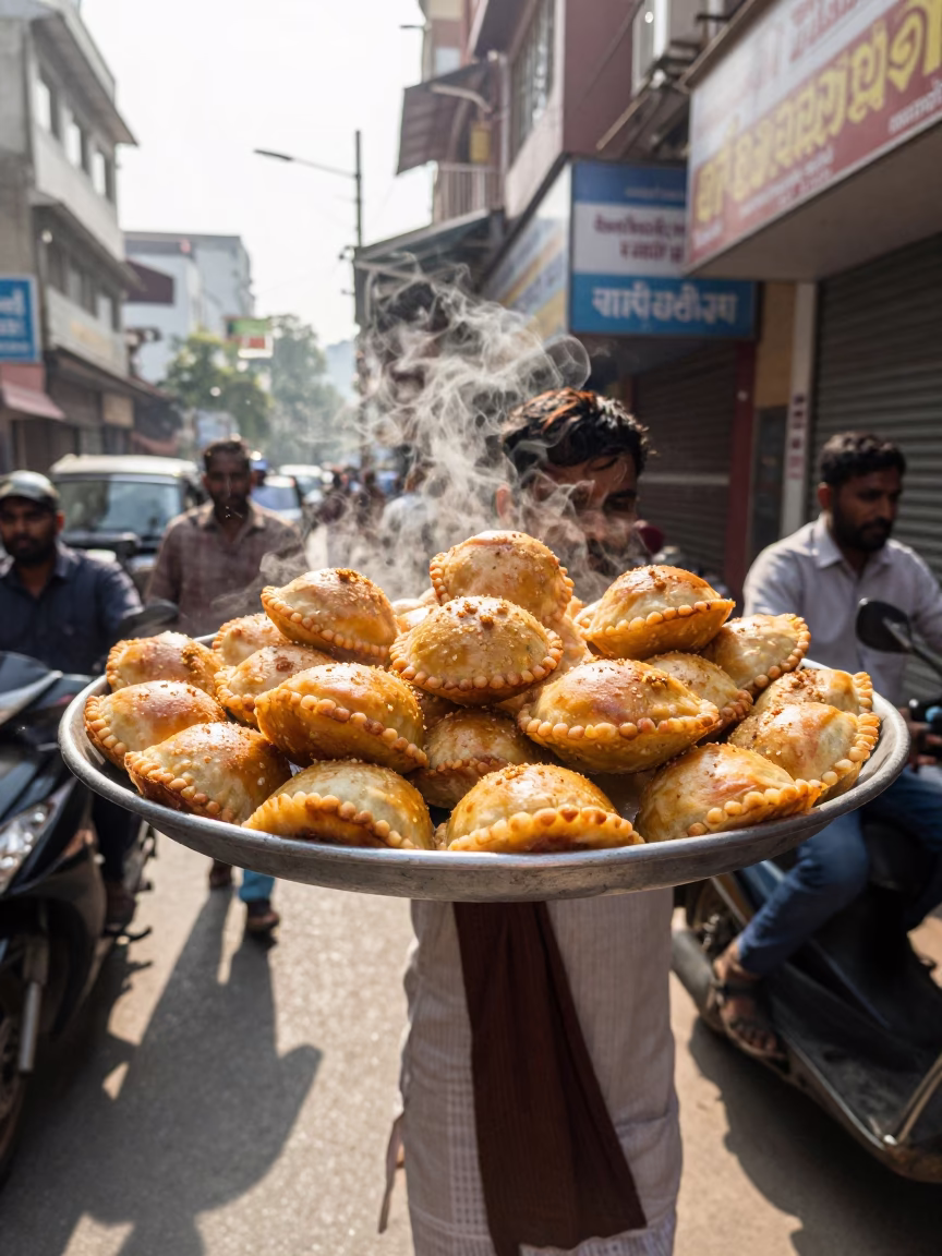 Bright Midmorning Delhi Street Scene with Tray of Spiced Meat Sambusas in in Delhi, India