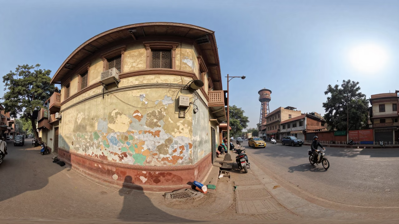 Bright Midmorning Delhi Street Scene with Water Tower and Paint Flecks in in Delhi, India