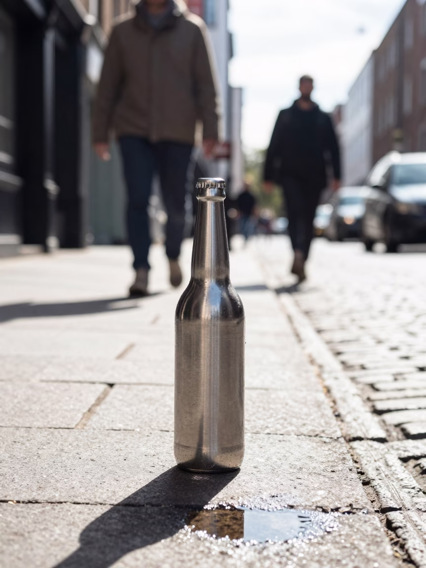 Bright Midmorning Dublin Street Scene with Brushed Steel Bottle and Bicycle Basket in in Dublin, Ireland