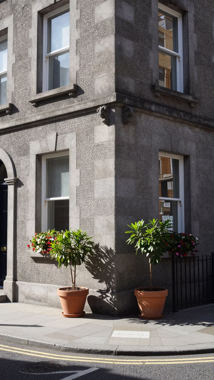 Bright Midmorning Dublin Street Scene with Potted Plants and Stone Architecture in in Dublin, Ireland