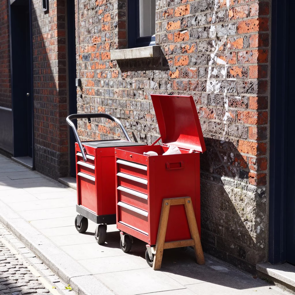 Bright Midmorning Dublin Street Scene with Tool Caddies and Work Stool in in Dublin, Ireland