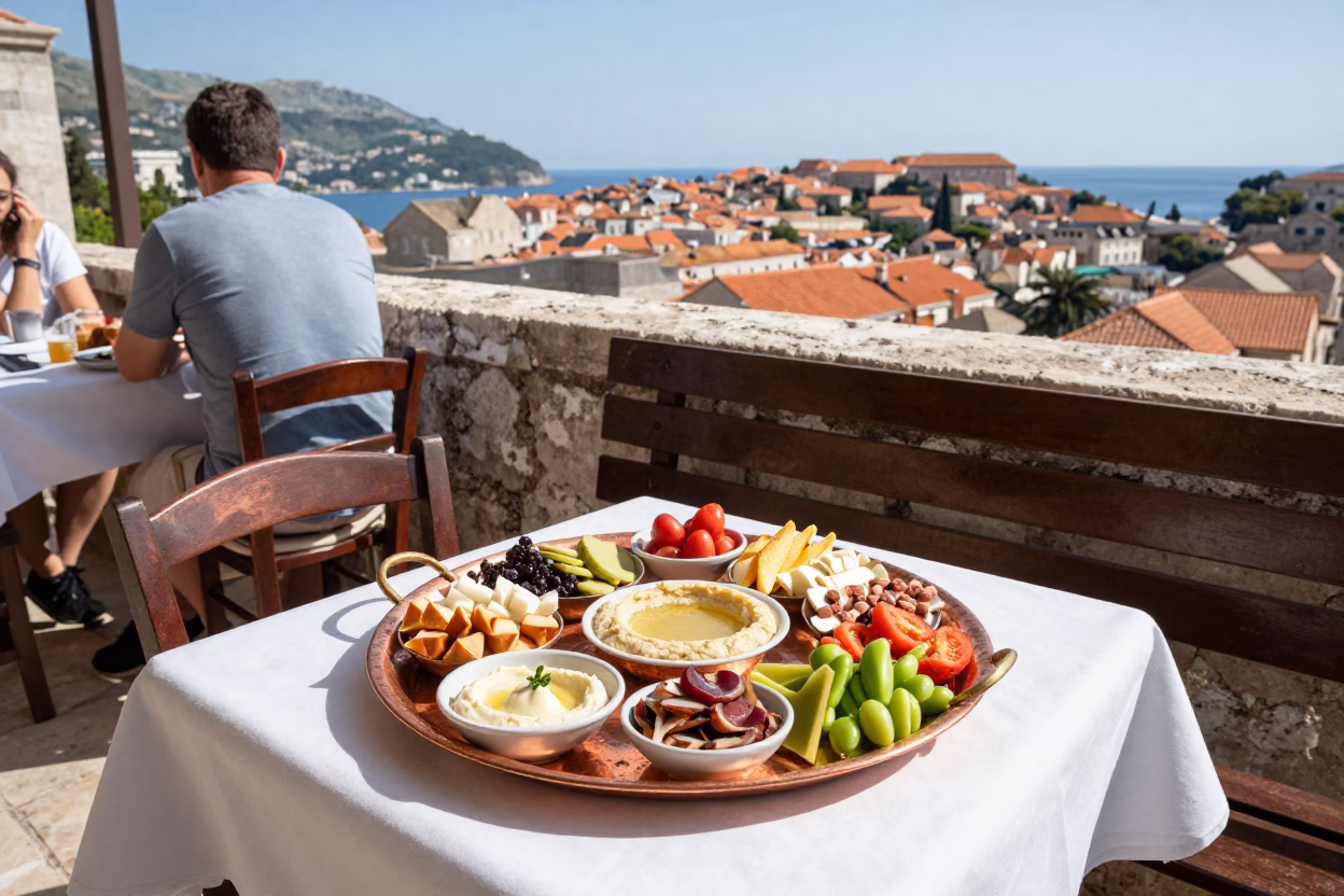 Bright Midmorning Dubrovnik Street Scene with Copper Tray Mezze and Park Bench in in Dubrovnik, Croatia