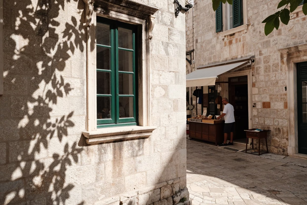 Bright Midmorning Dubrovnik Street Scene with Leaf Shadows on Stone Sill in in Dubrovnik, Croatia