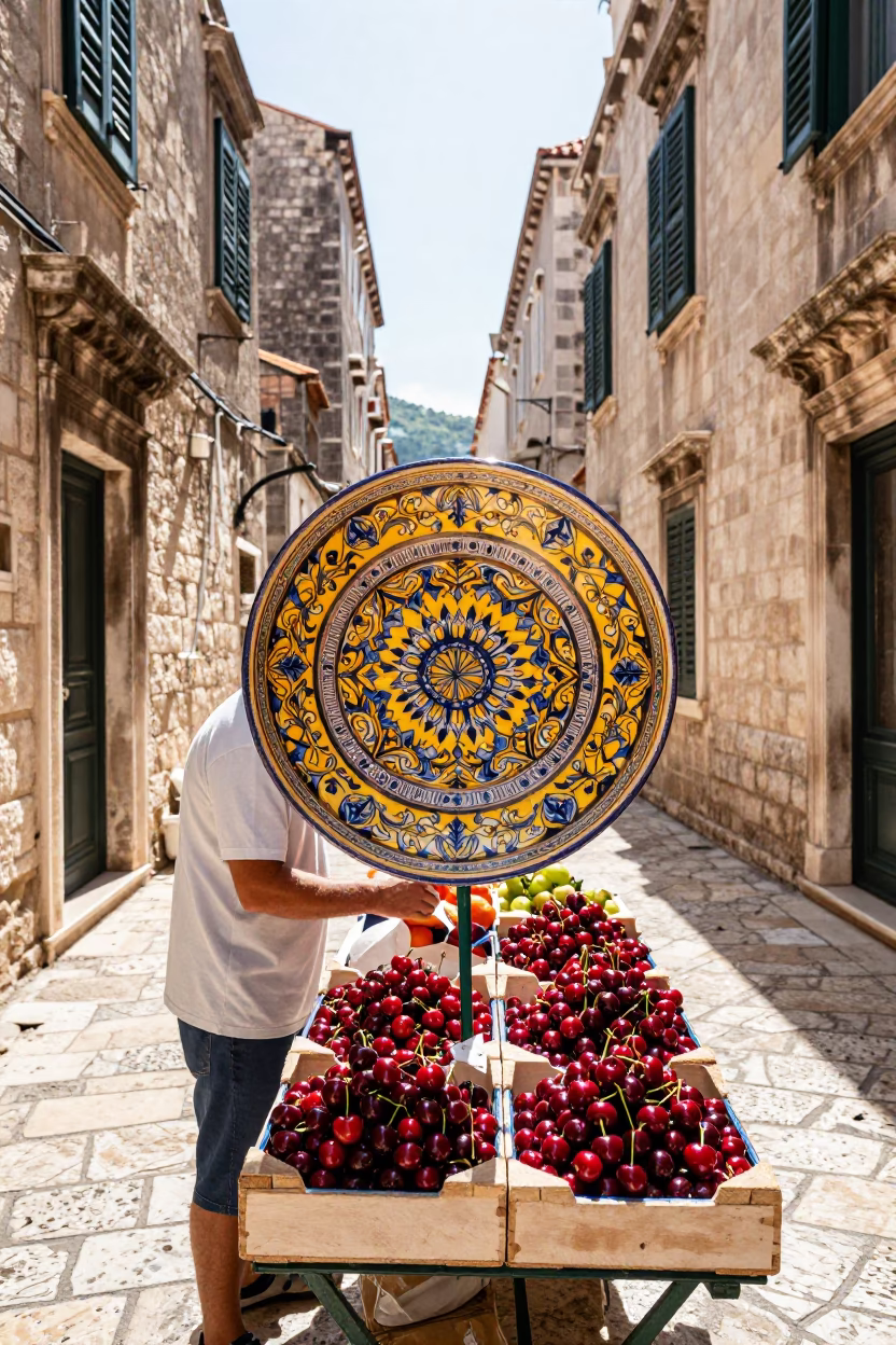 Bright Midmorning Dubrovnik Street Scene with Vintage Majolica Plate and Cherries in in Dubrovnik, Croatia