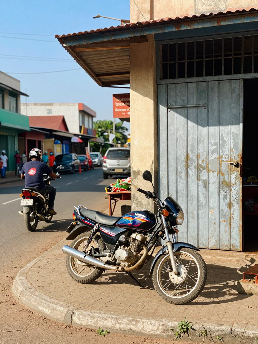Bright Midmorning Durban Street Scene with Motorcyclist and Local Shopfront Details in in Durban, South Africa