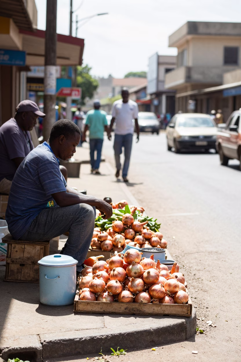 Bright Midmorning Durban Street Scene with Onions and Enamel Pitcher in in Durban, South Africa
