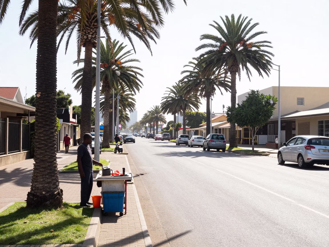 Bright Midmorning Durban Street Scene with Palm Tree Avenue and Local Market Activity in in Durban, South Africa