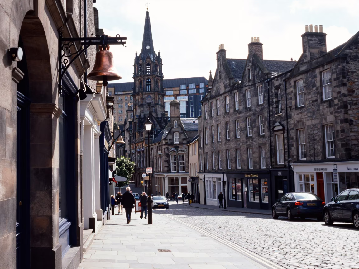 Bright Midmorning Edinburgh Street Scene with Bell Tower and Local Life in in Edinburgh, United Kingdom