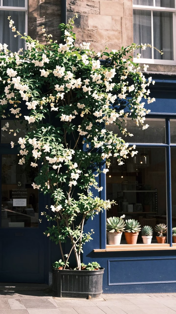 Bright Midmorning Edinburgh Street Scene with Climbing Jasmine and Local Architecture in in Edinburgh, United Kingdom