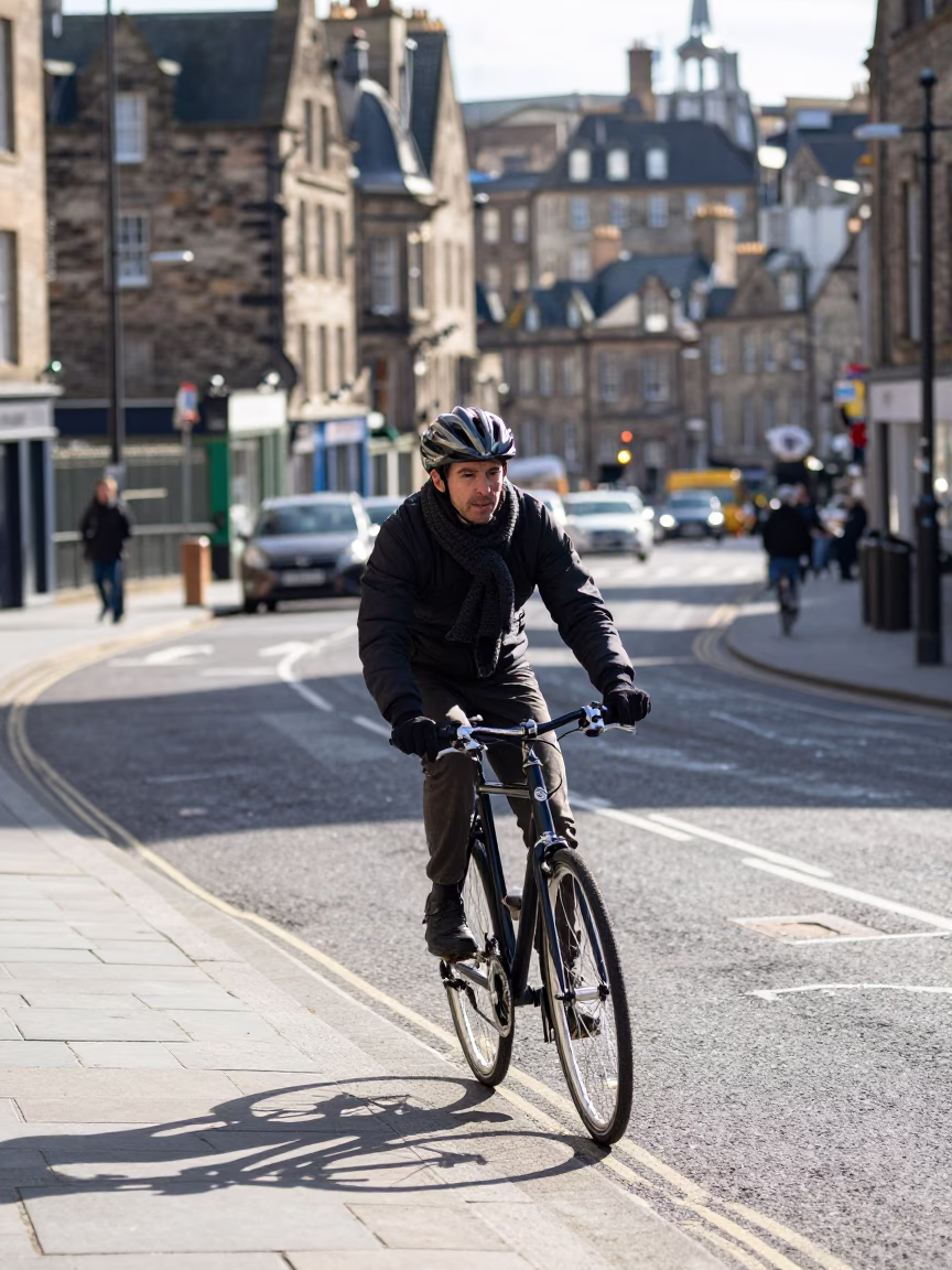 Bright Midmorning Edinburgh Street Scene with Cyclist and Scarf in in Edinburgh, United Kingdom