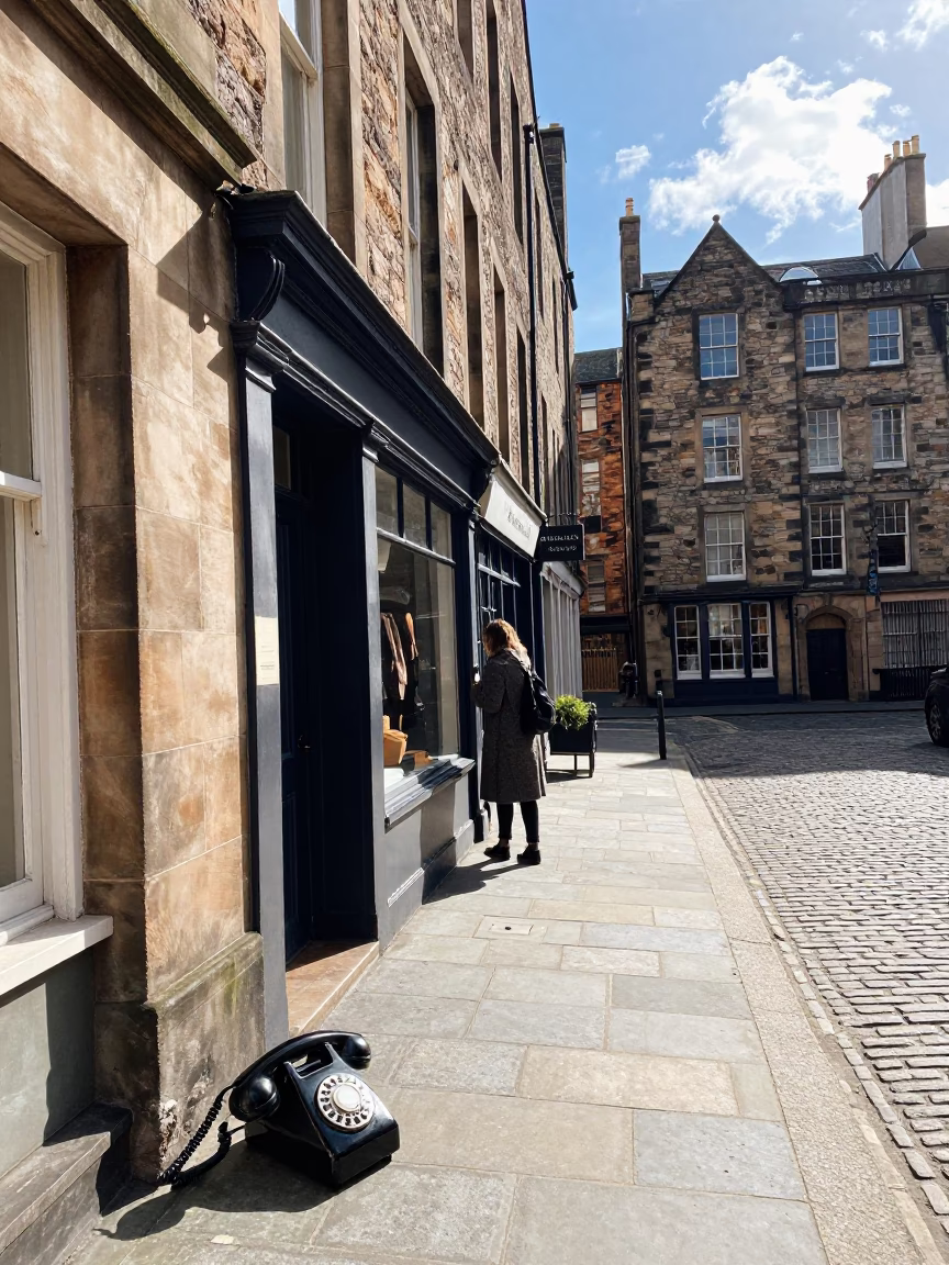 Bright Midmorning Edinburgh Street Scene with Vintage Bakelite Telephone and Local Pedestrians in in Edinburgh, United Kingdom