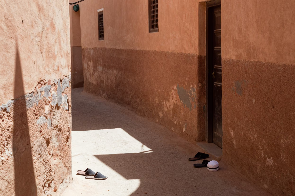 Bright Midmorning Fez Morocco Street Scene with Traditional Slippers and Enamel Drips in in Fez, Morocco