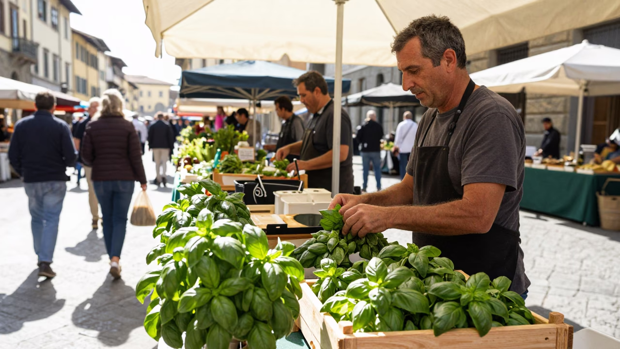 Bright Midmorning Florence Italy Street Scene with Basil Leaves and Rustic Market Stall Details in in Florence, Italy