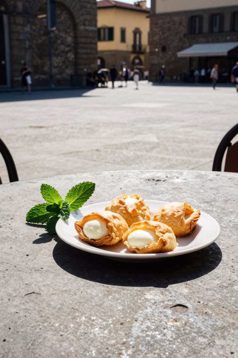 Bright Midmorning Florence Italy Street Scene with Plate of Sfogliatelle and Mint Leaves in in Florence, Italy