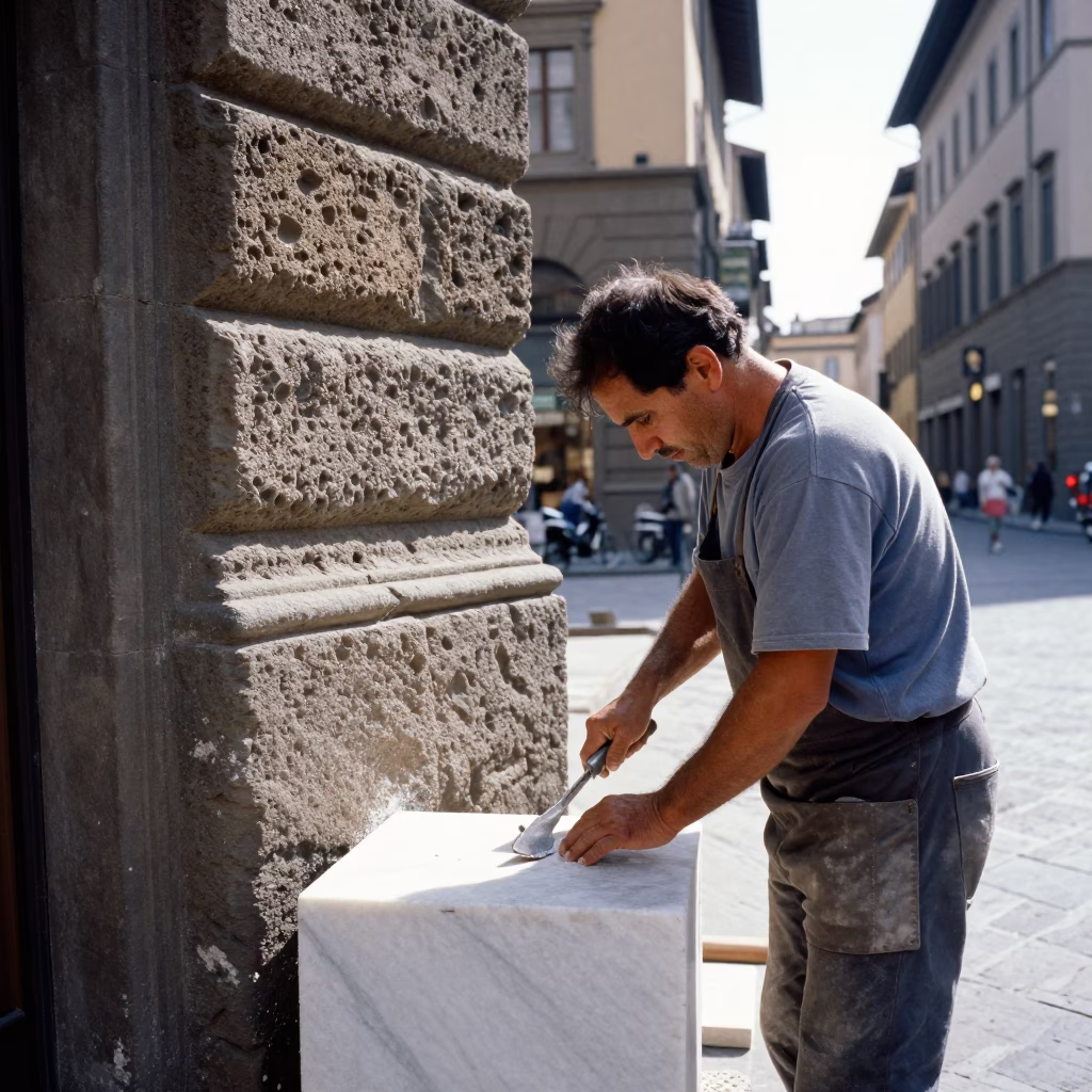 Bright Midmorning Florence Street Scene with Marble Chisel and Stone Basket in in Florence, Italy