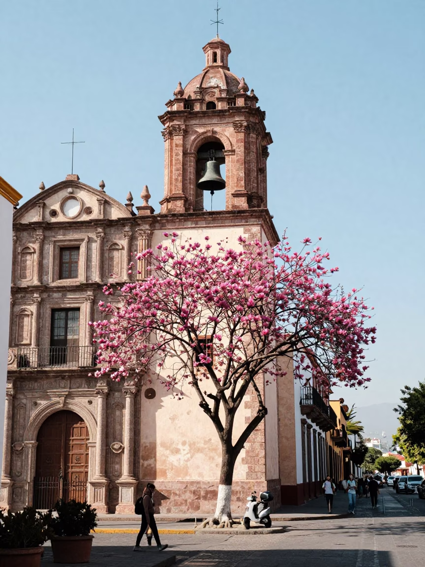Bright Midmorning Guadalajara Mexico Street Scene with Bell and Dogwood Tree in in Guadalajara, Mexico