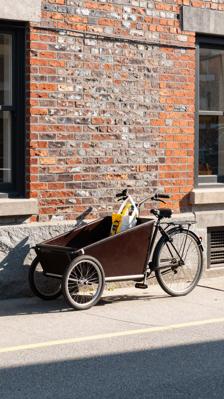 Bright Midmorning Halifax Street Scene with Cargo Bicycle and Local Urban Details in in Halifax, Nova Scotia, Canada