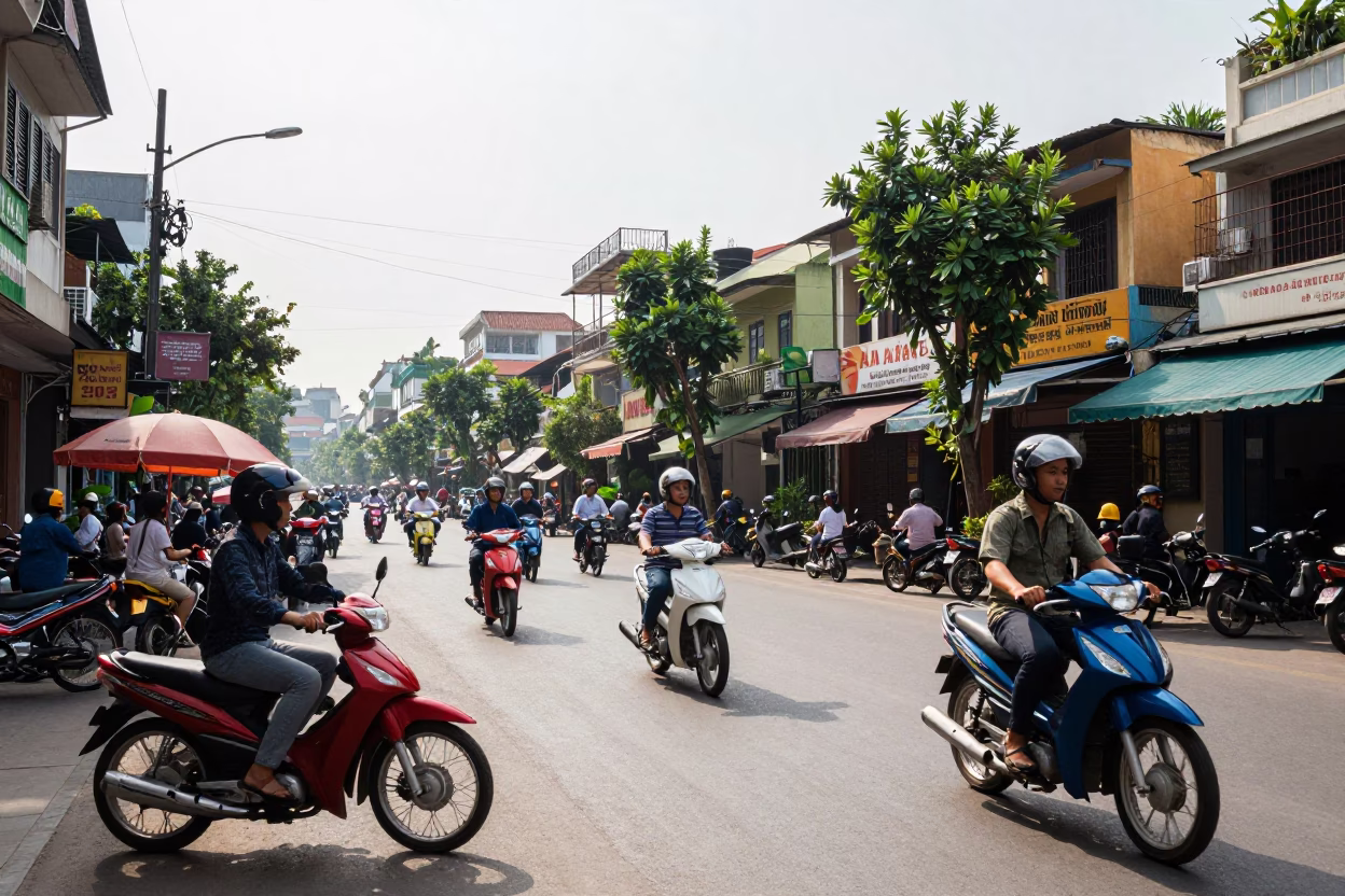 Bright Midmorning Hanoi Street Scene with Motorbikes and Local Vendor Bottle in in Hanoi, Vietnam