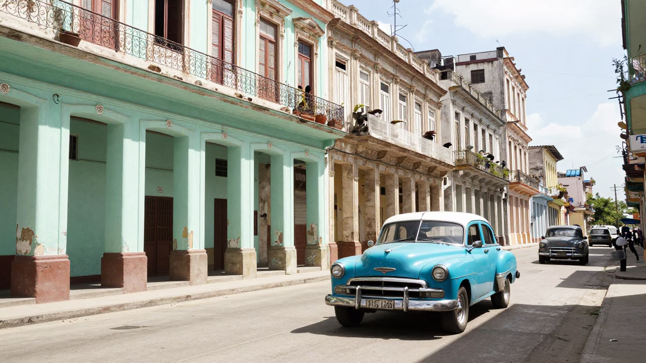 Bright Midmorning Havana Cuba Street Scene with Vintage Car and Local Interaction in in Havana, Cuba