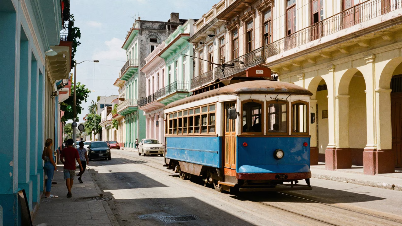 Bright Midmorning Havana Cuba Street Scene with Vintage Tram and Colorful Architecture in in Havana, Cuba
