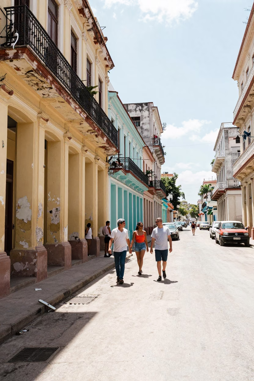 Bright Midmorning Havana Street Scene with Colorful Colonial Architecture and Local Life in in Havana, Cuba