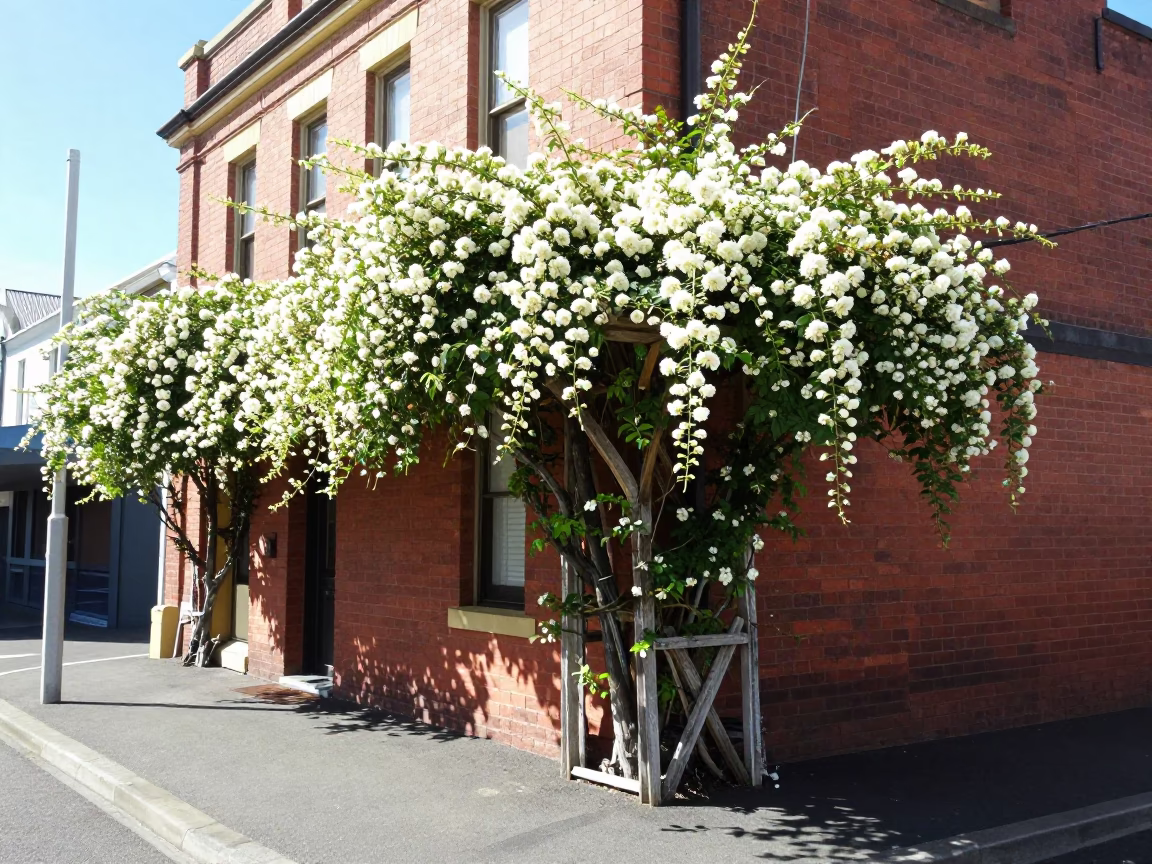 Bright Midmorning Hobart Tasmania Street Scene with Climbing Jasmine and Local Life in in Hobart, Tasmania, Australia