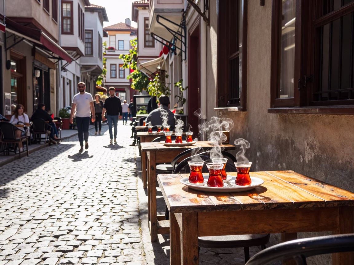 Bright Midmorning Istanbul Street Scene with Traditional Tea and Onions in in Istanbul, Turkey