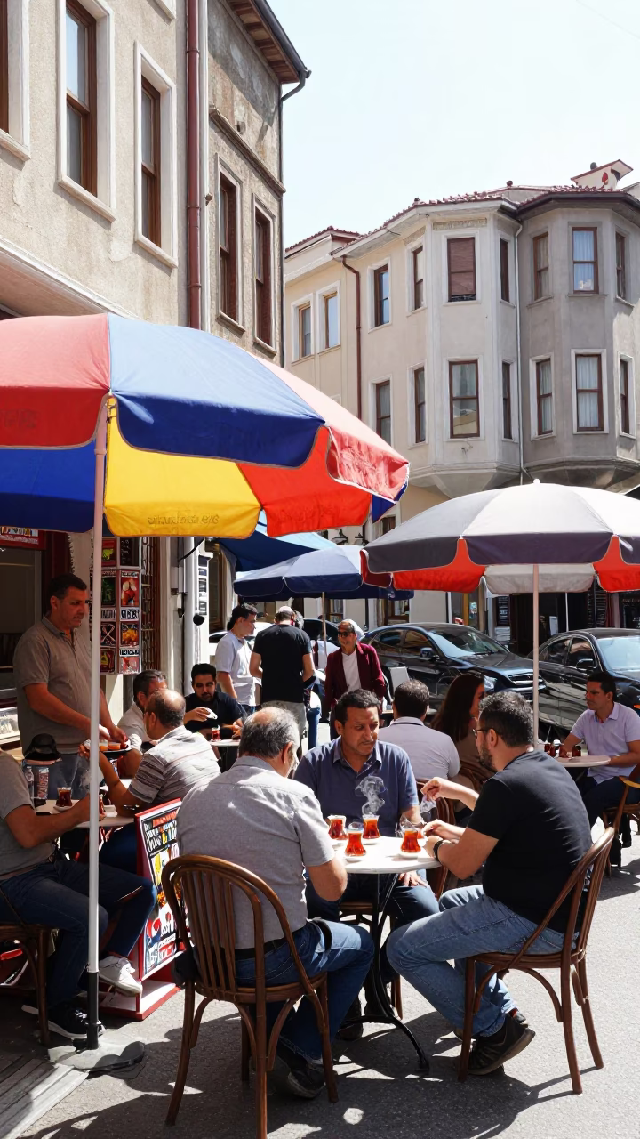 Bright Midmorning Istanbul Street Scene with Umbrellas and Local Life in in Istanbul, Turkey