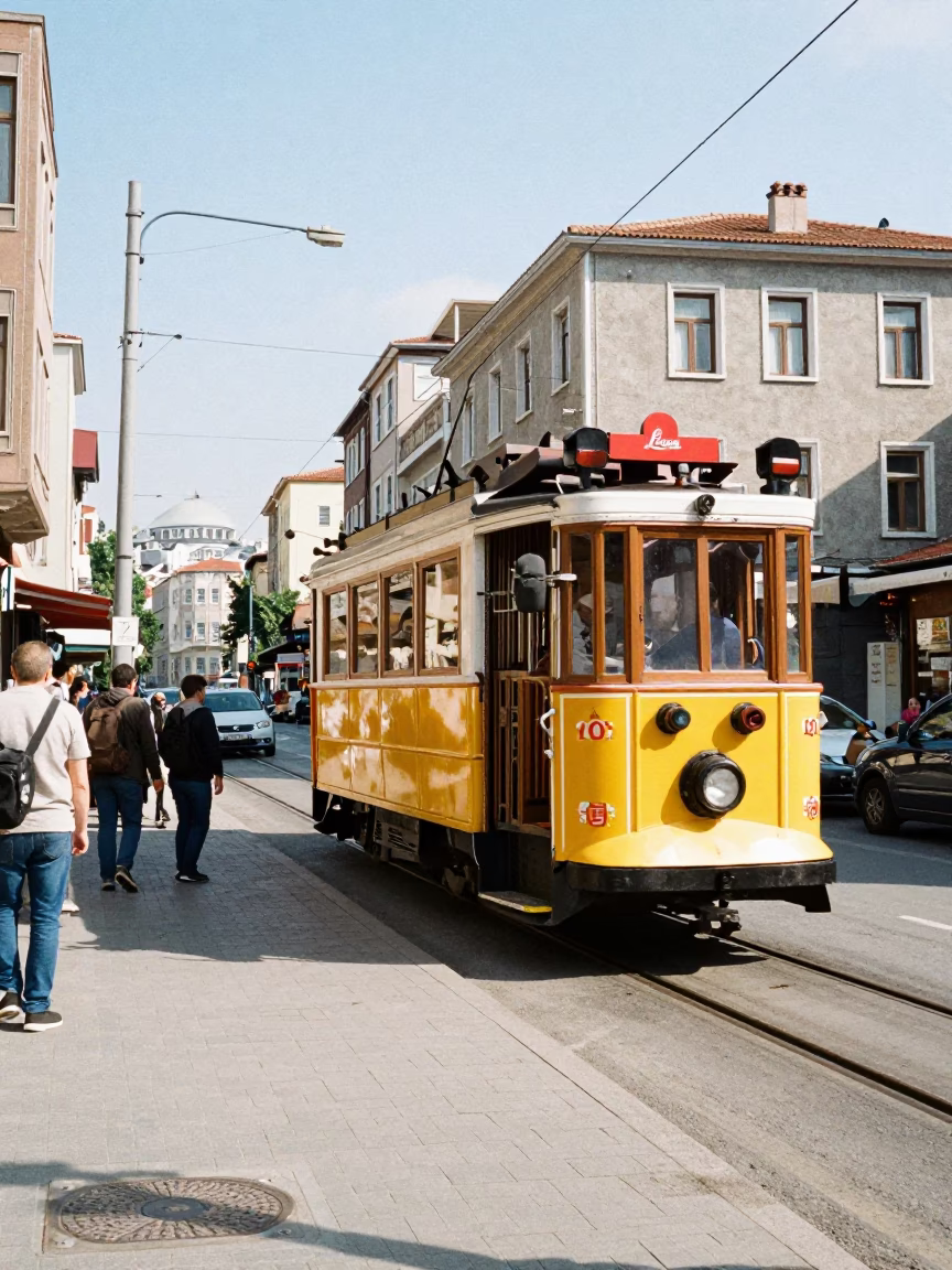 Bright Midmorning Istanbul Street Scene with Vintage Tram and Local Life in in Istanbul, Turkey