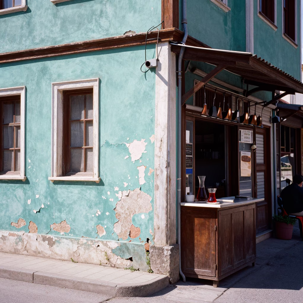 Bright Midmorning Izmir Street Scene with Cracked Stucco and Carafe in in Izmir, Turkey