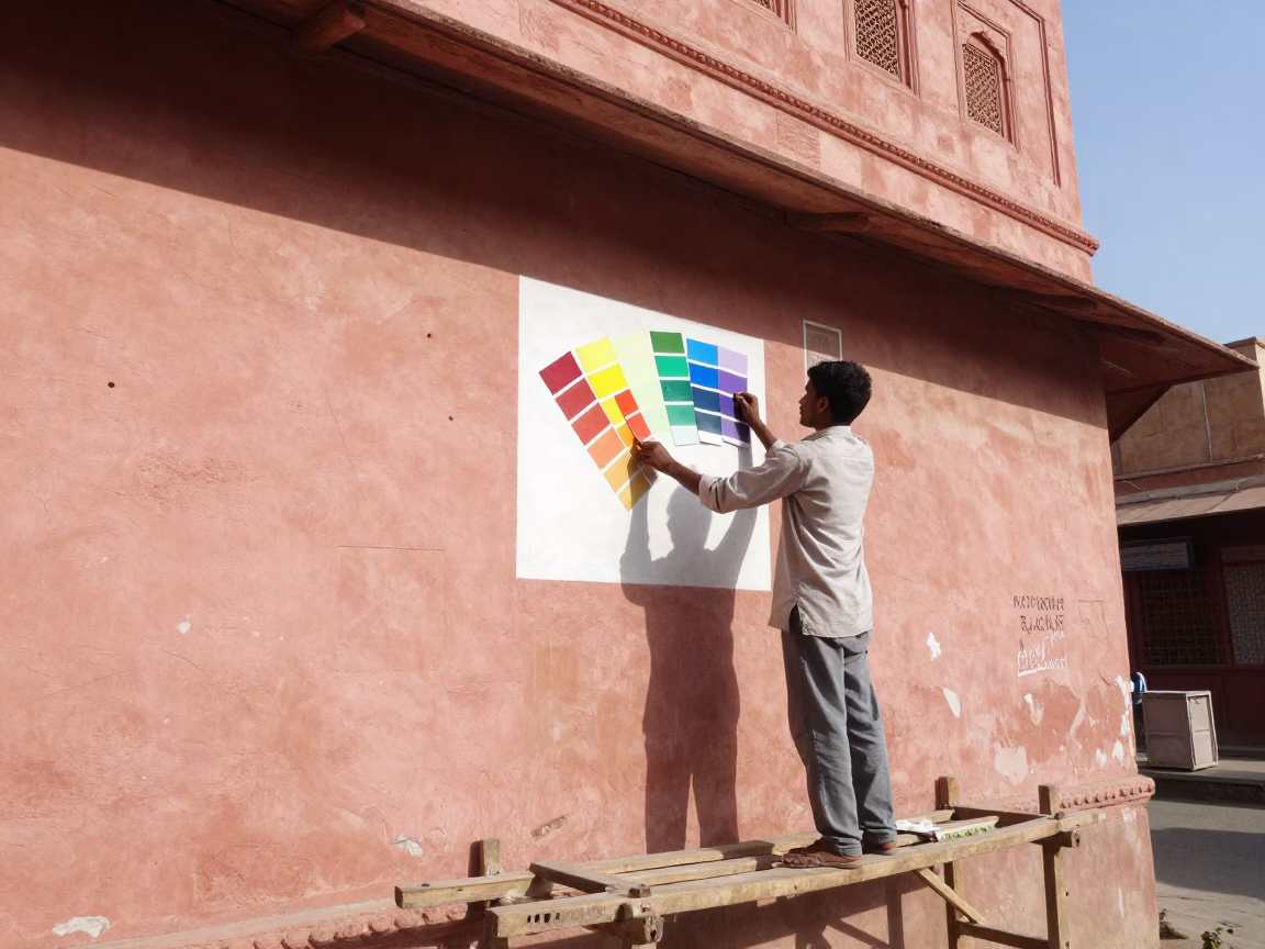 Bright Midmorning Jaipur Street Scene with Muralist Painting Sample Swatches on Scaffold in in Jaipur, India