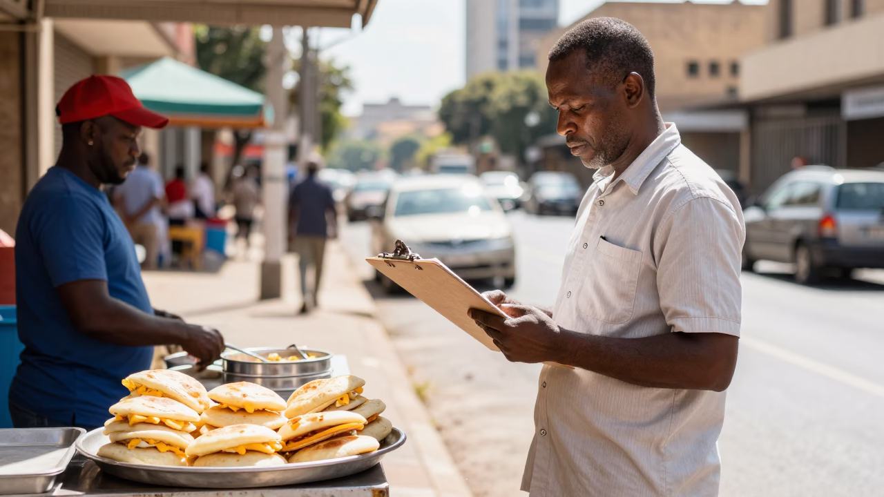 Bright Midmorning Johannesburg Street Scene with Clipboard and Arepas in South Africa in in Johannesburg, South Africa