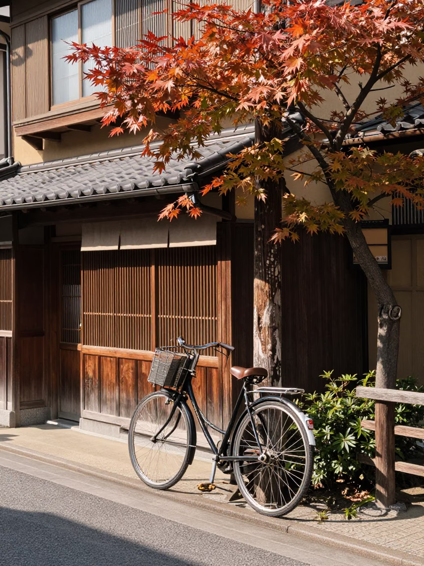 Bright Midmorning Kyoto Street Scene with Bicycle and Traditional Architecture in in Kyoto, Japan