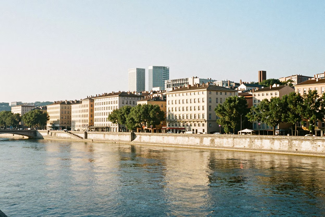 Bright Midmorning Landscape Horizon Shot of Lyon France 1970s Architecture and River in in Lyon, France