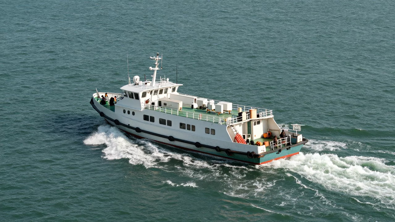 Bright Midmorning Light at Kaohsiung Harbor Entrance Pilot Boat Slicing Choppy Waters in in Kaohsiung, Taiwan