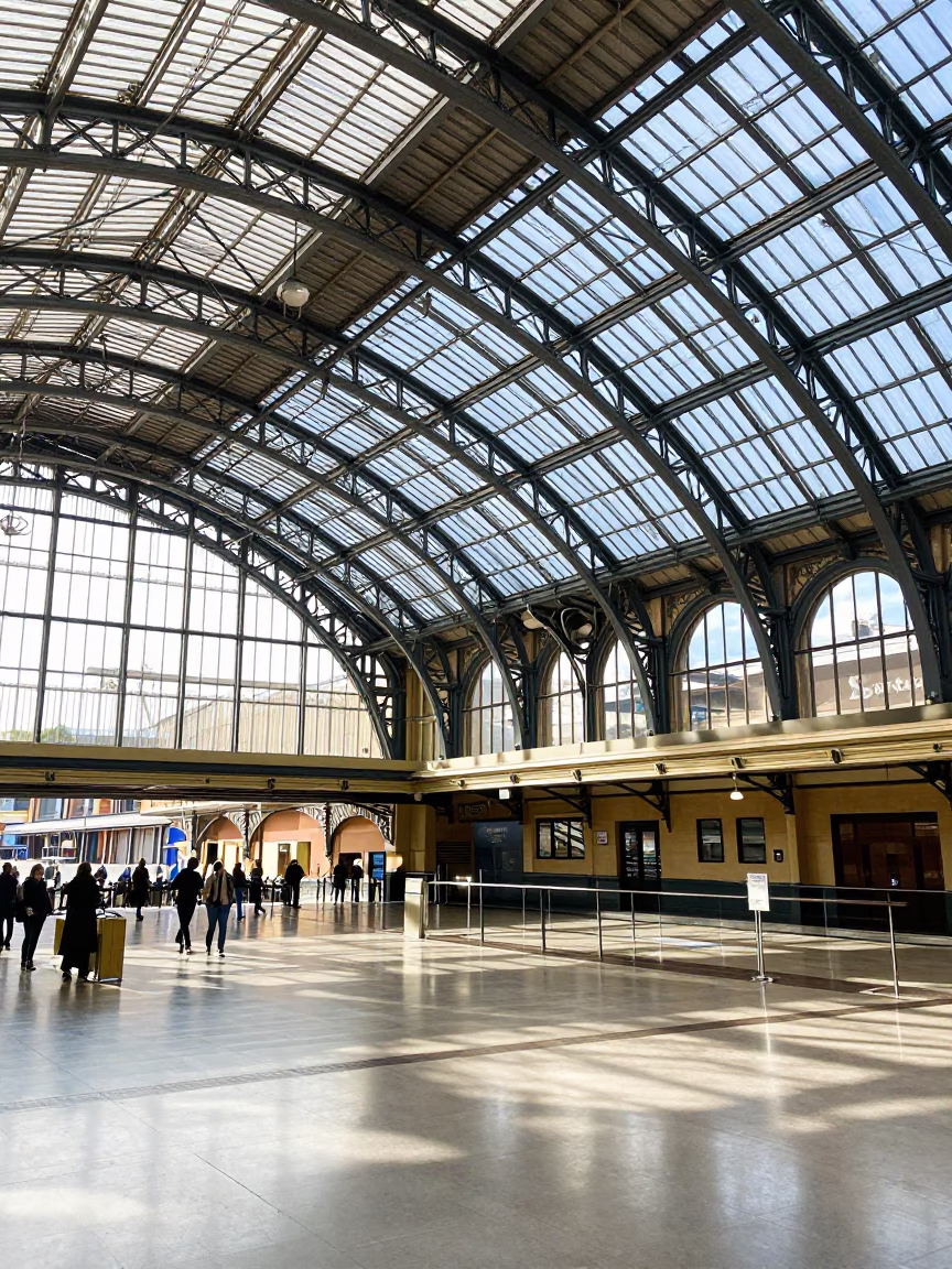 Bright Midmorning Light at Perth Railway Station Glass Steel Arched Roof in in Perth, Western Australia, Australia