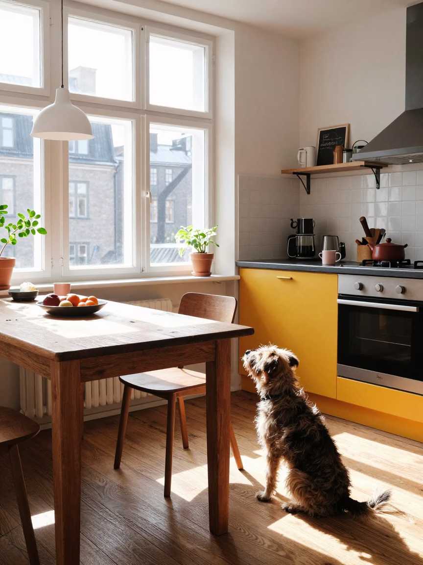 Bright Midmorning Light Illuminates a Colorful Copenhagen Kitchen Scene in in Copenhagen, Denmark