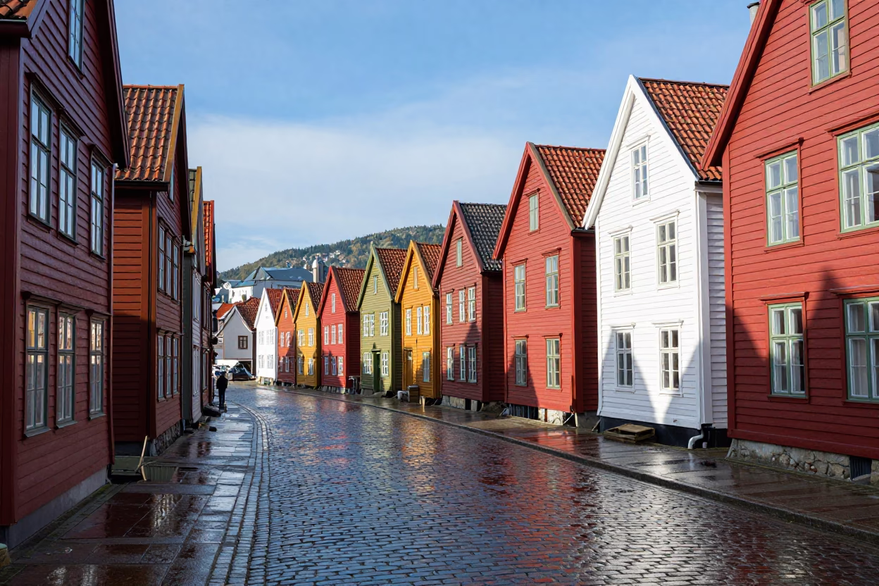 Bright Midmorning Light Illuminates Colorful Wooden Houses in Bergen Norway Cityscape in in Bergen, Norway