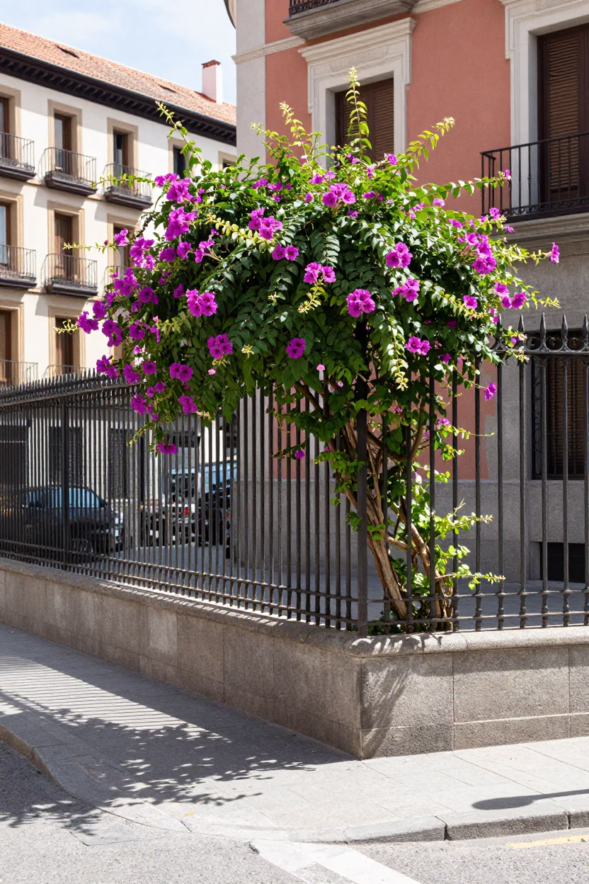 Bright Midmorning Light Illuminates Urban Madrid Street Scene with Morning Glory and Scaffold Details in in Madrid, Spain