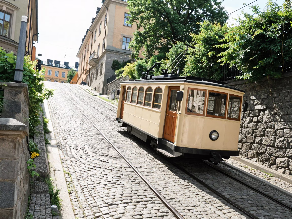 Bright Midmorning Light Illuminating a Stockholm Funicular Climbing Steep Hill in Sweden in in Stockholm, Sweden