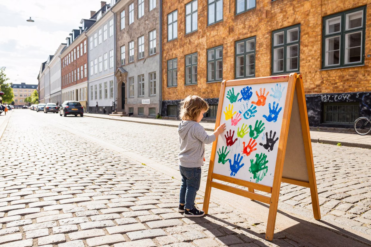 Bright Midmorning Light in Copenhagen Denmark Street Scene with Child and Easel in in Copenhagen, Denmark