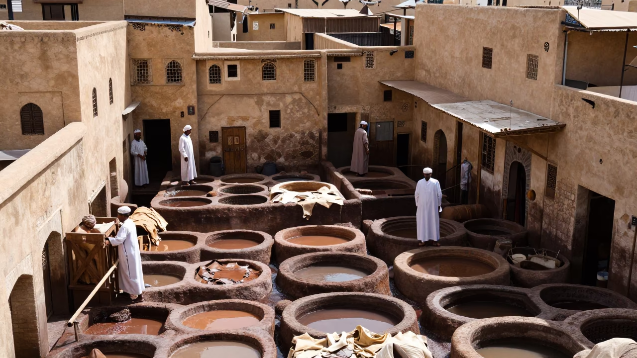 Bright Midmorning Light in Fez Morocco Tannery District with Leather Dye Pits in in Fez, Morocco