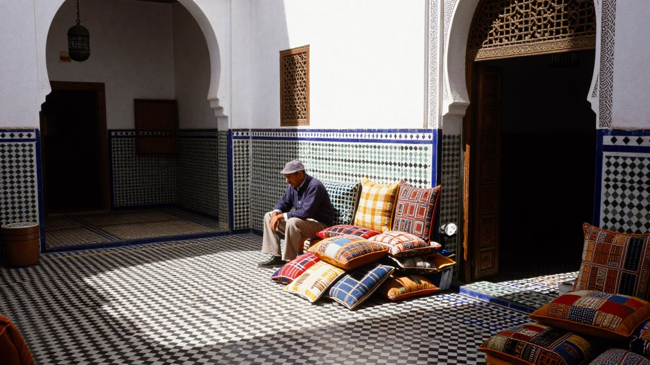 Bright Midmorning Light in Marrakech Morocco with Traditional Decor and Street Life in in Marrakech, Morocco