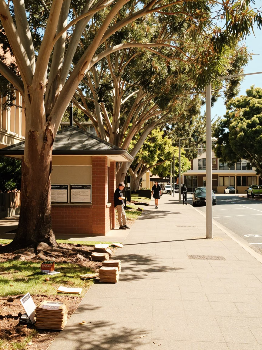 Bright Midmorning Light in Perth Western Australia Street Scene with Course Packets in in Perth, Western Australia, Australia