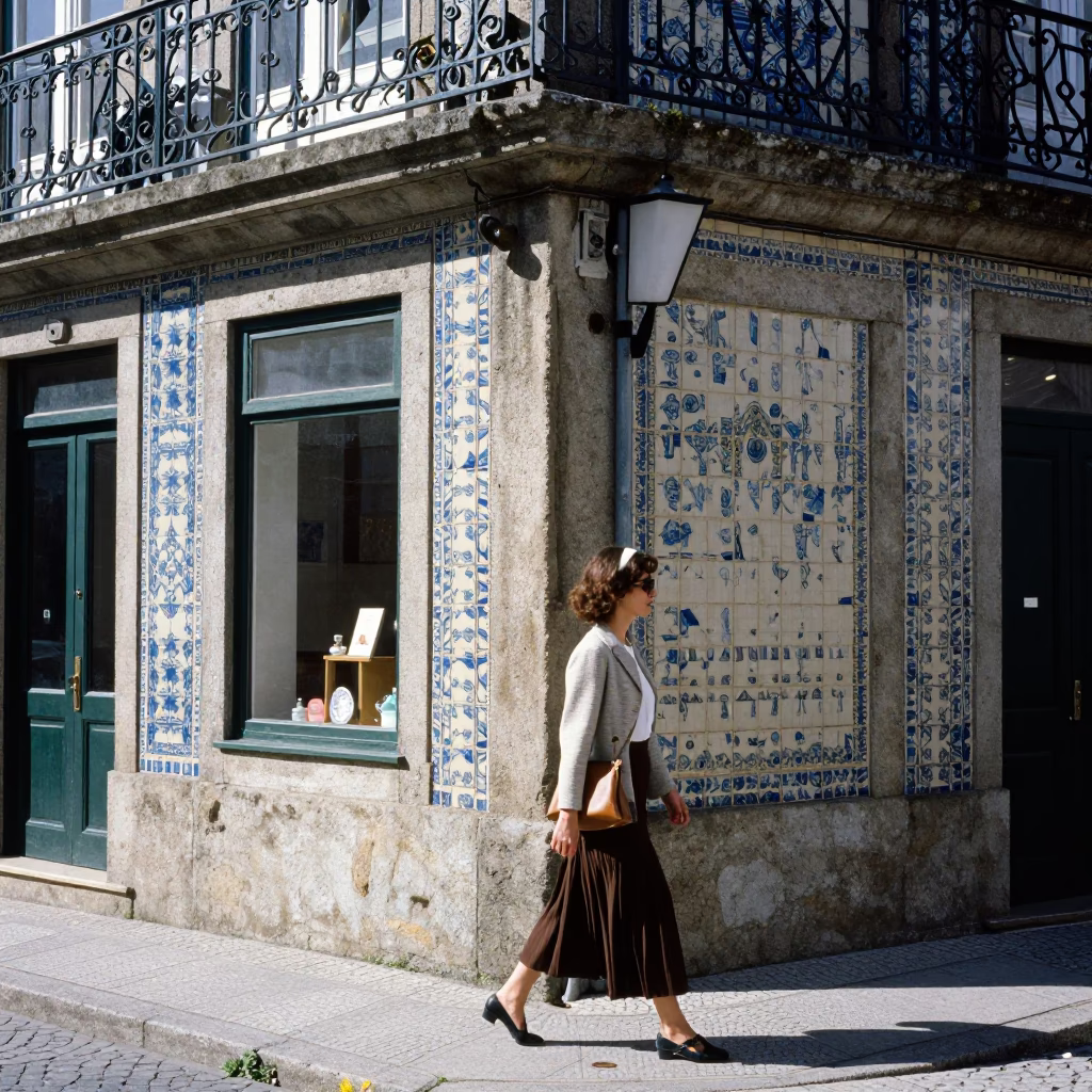 Bright Midmorning Light in Porto Portugal Street Scene with Vintage 1980s Fashion Elements in in Porto, Portugal