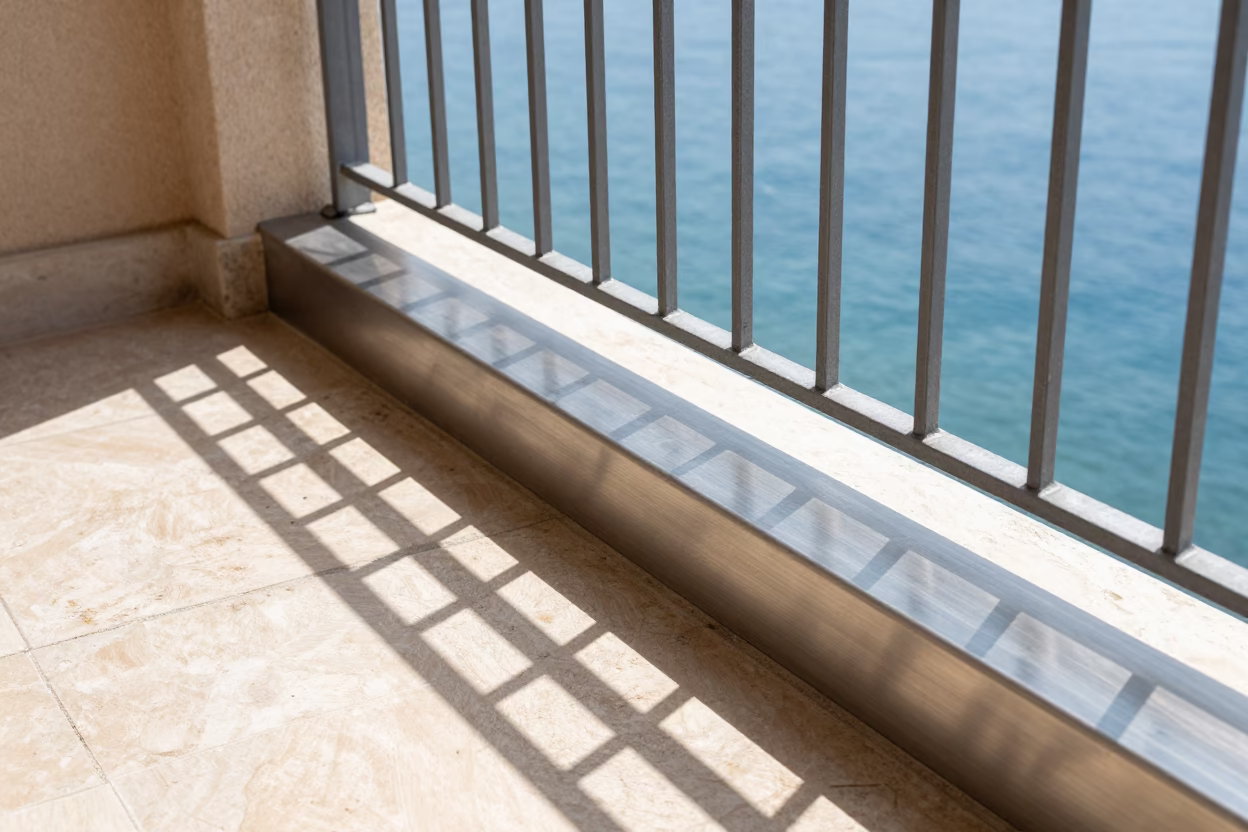 Bright Midmorning Light on a Brushed Steel Sill Edge in Nice France in in Nice, France