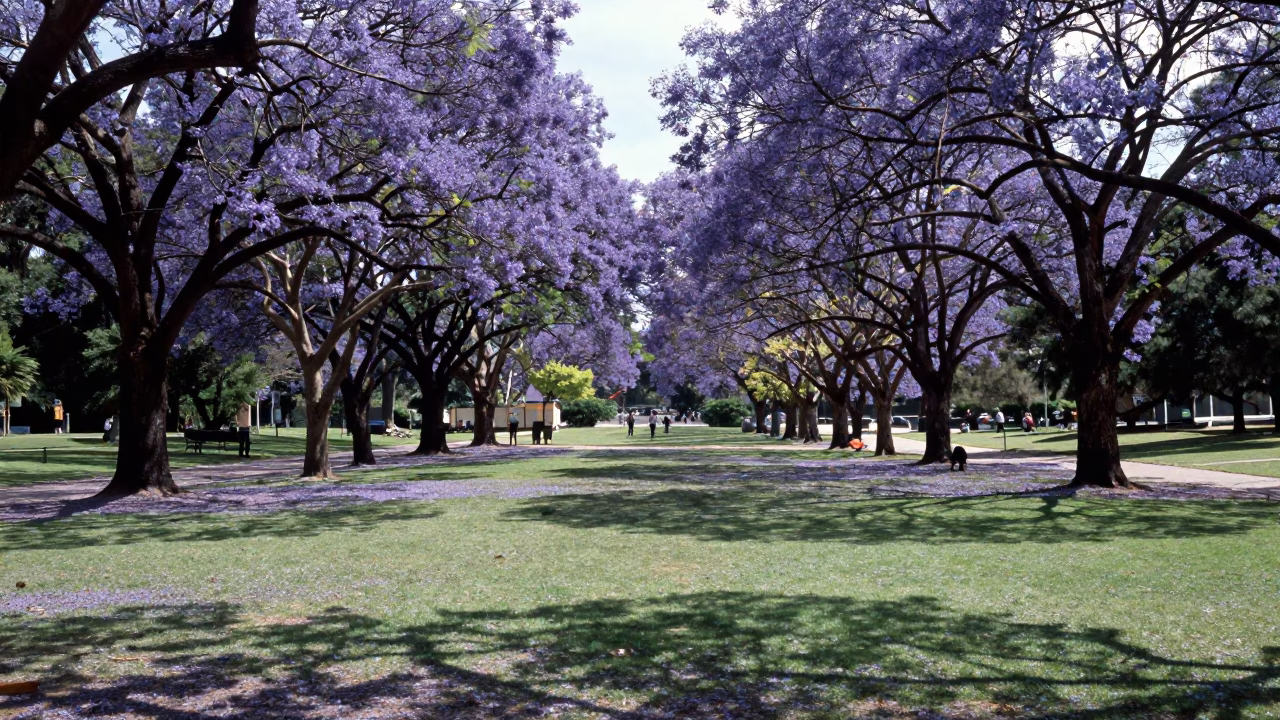 Bright Midmorning Light on Adelaide Parklands with Jacaranda Trees in Full Purple Bloom in in Adelaide, South Australia, Australia