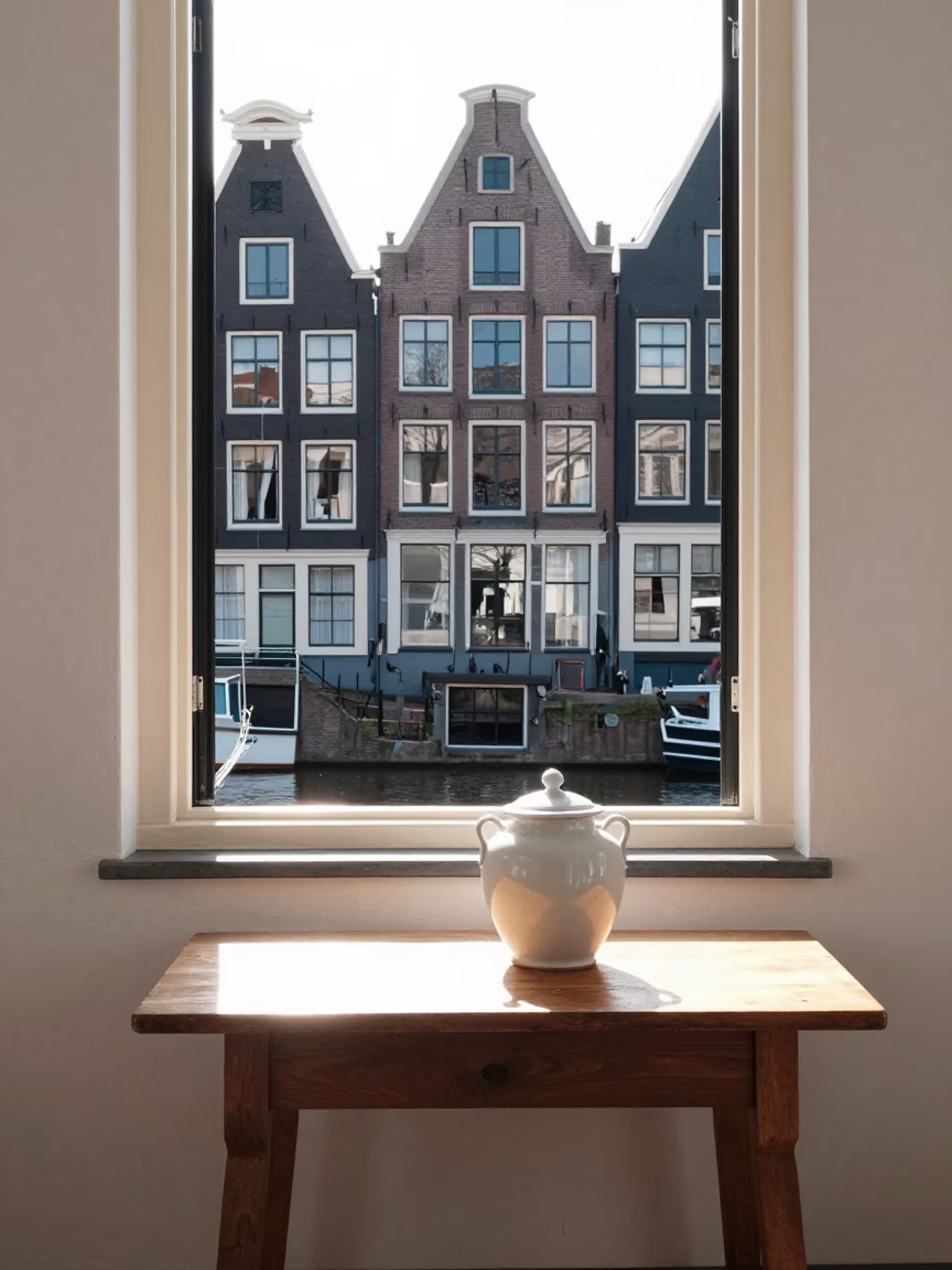Bright Midmorning Light on Amsterdam Canal House Facade with Blue and White Porcelain Jar in in Amsterdam, Netherlands