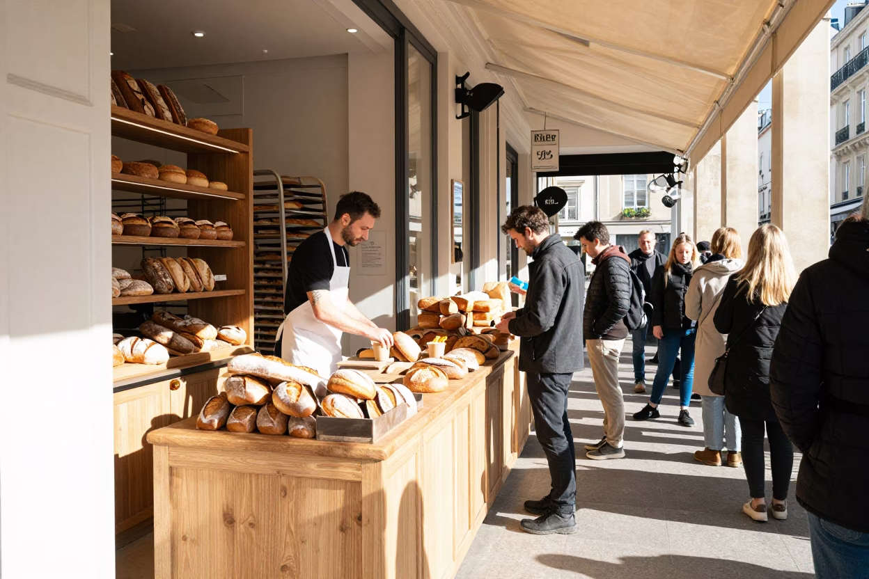 Bright Midmorning Light on Bakery Interior in Paris in in Paris, France